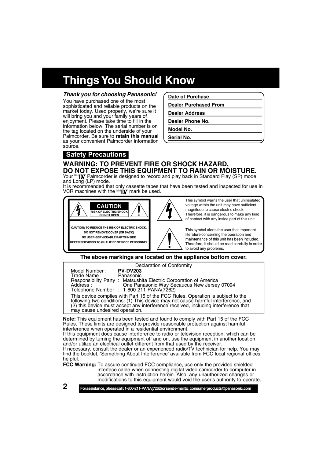 Panasonic PV-DV203 Things You Should Know, Safety Precautions, Above markings are located on the appliance bottom cover 