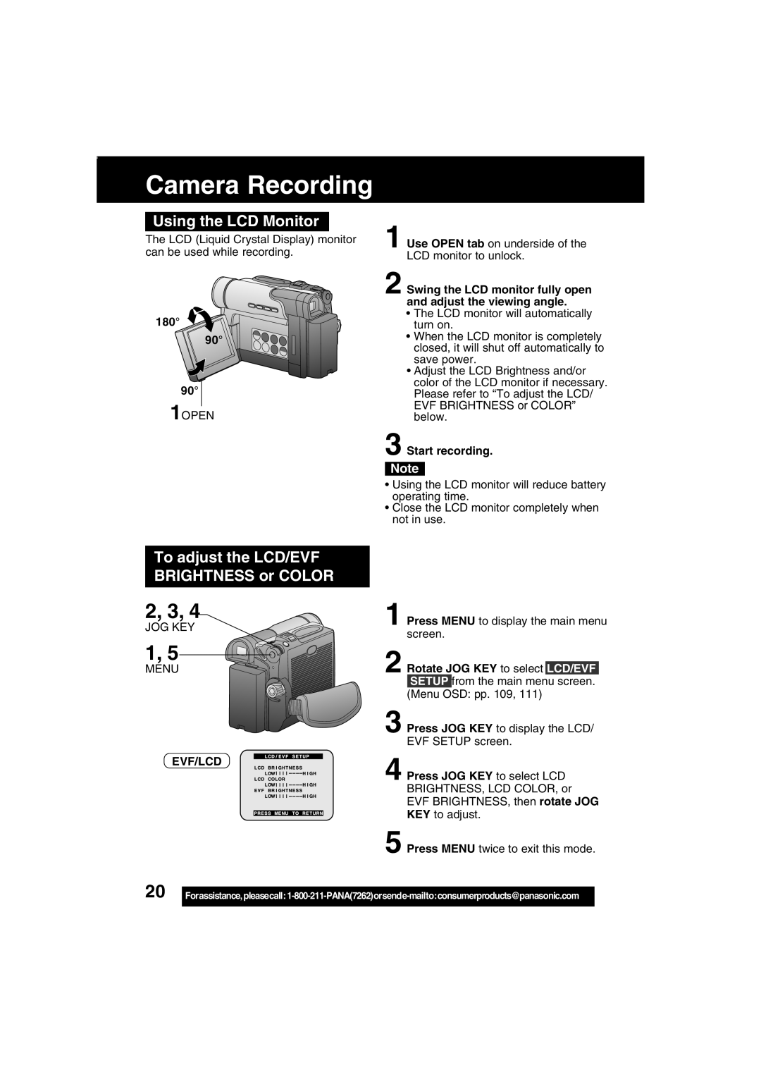 Panasonic PV-DV203 Using the LCD Monitor, To adjust the LCD/EVF Brightness or Color, 1OPEN, Evf/Lcd, Start recording 