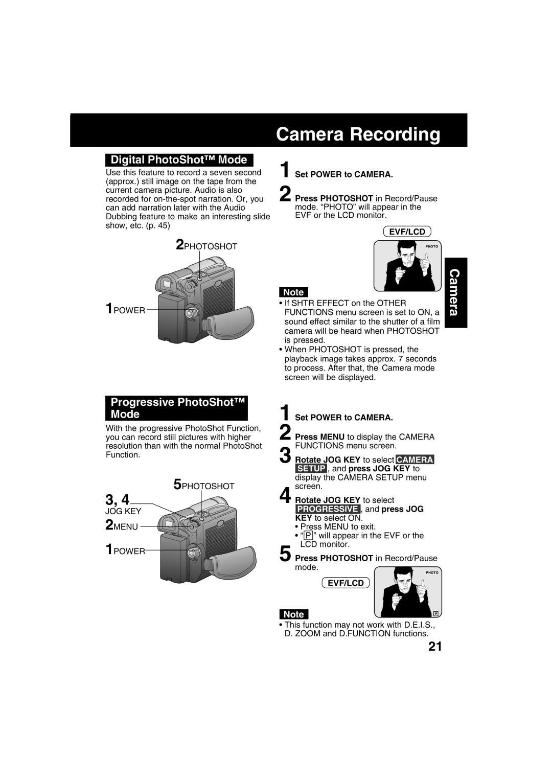 Panasonic PV-DV203 Digital PhotoShot Mode, Progressive PhotoShot Mode, Set Power to Camera Press Photoshot in Record/Pause 