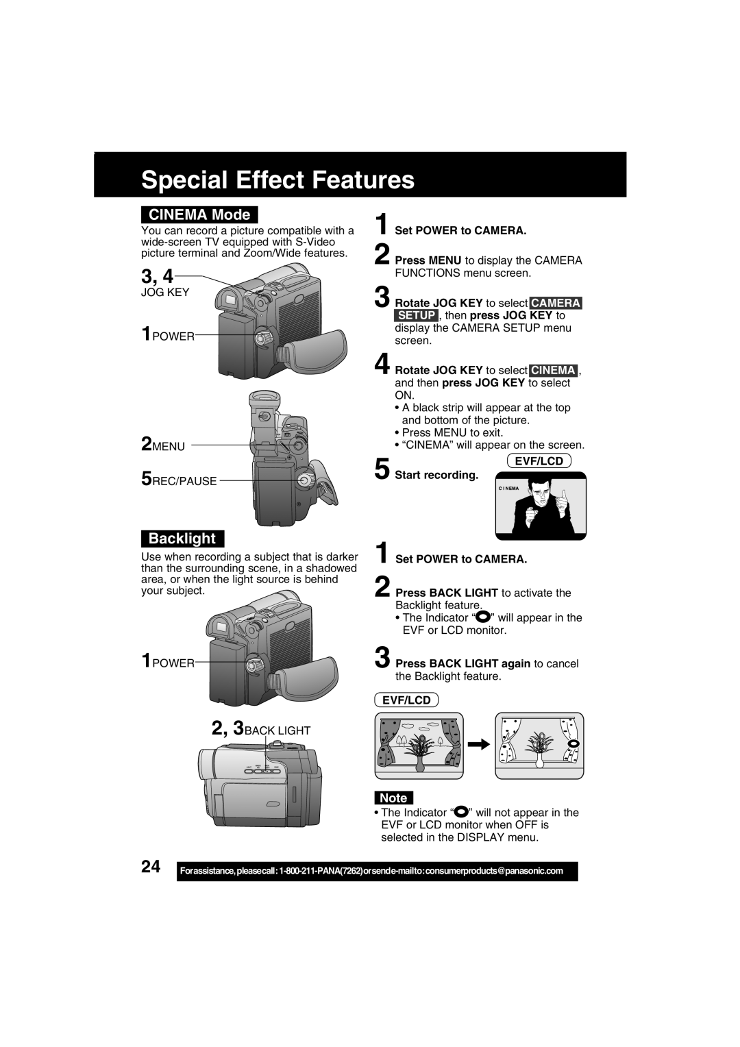 Panasonic PV-DV203 Special Effect Features, Cinema Mode, Press Back Light again to cancel the Backlight feature 