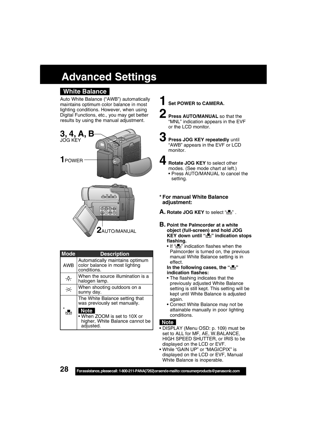 Panasonic PV-DV203 Advanced Settings, For manual White Balance adjustment, Following cases, the indication flashes 