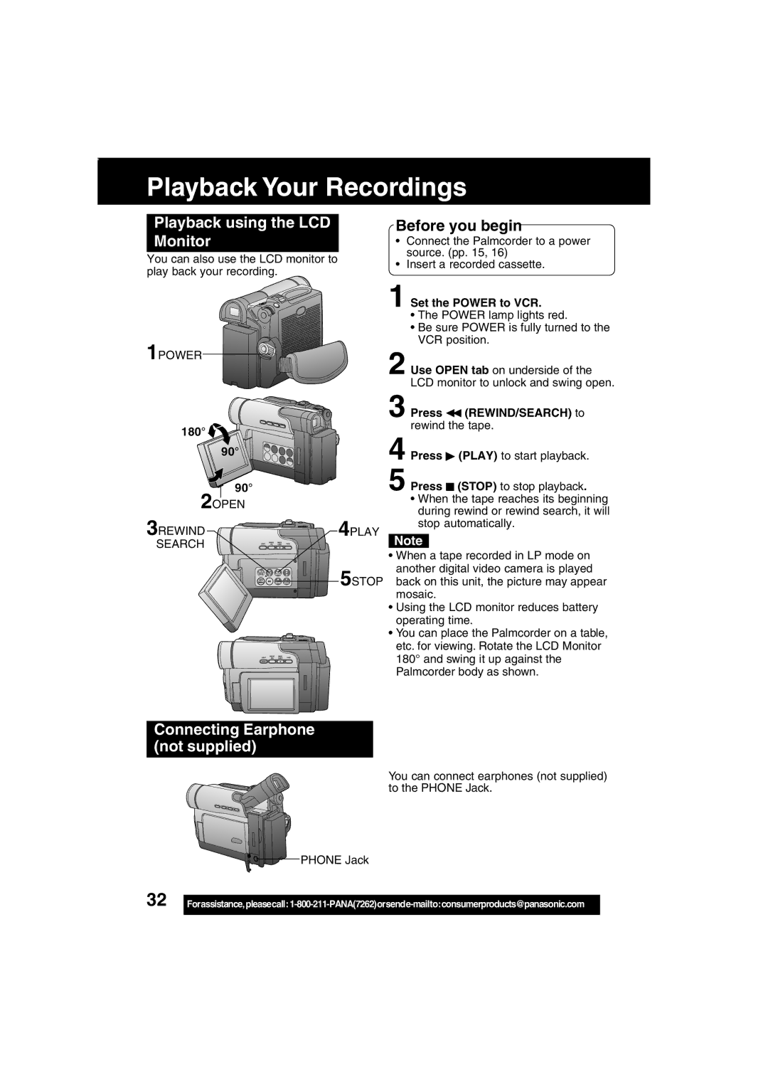 Panasonic PV-DV203 Playback Your Recordings, Playback using the LCD Monitor, Connecting Earphone not supplied 