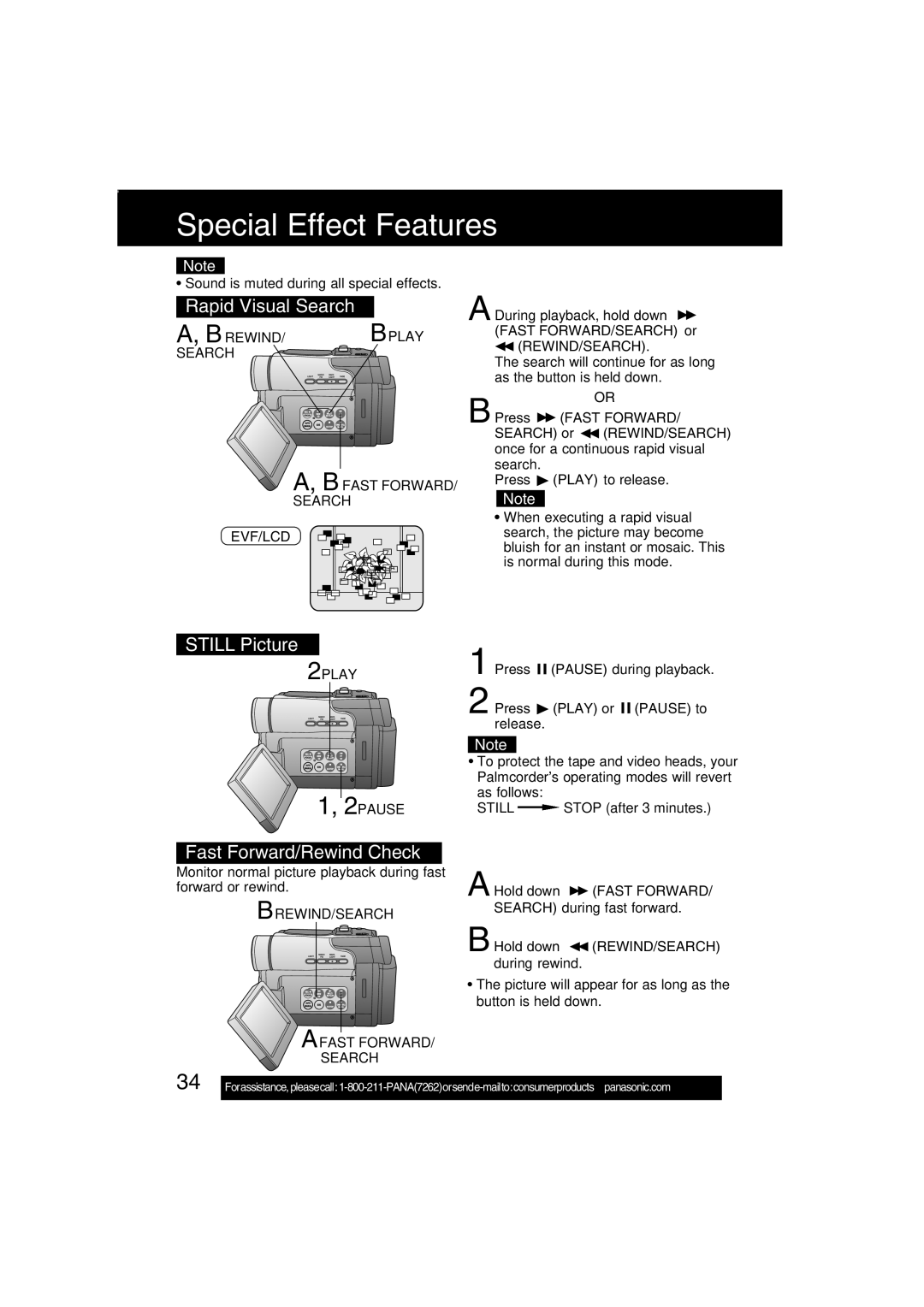 Panasonic PV-DV203 operating instructions Rapid Visual Search, Still Picture, Fast Forward/Rewind Check, Rewind/Search 