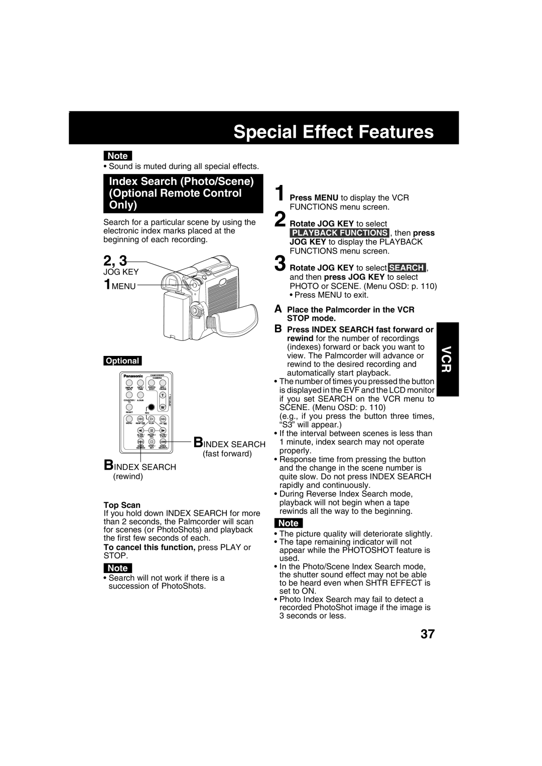 Panasonic PV-DV203 operating instructions Index Search Photo/Scene Optional Remote Control Only, Bindex Search, Top Scan 