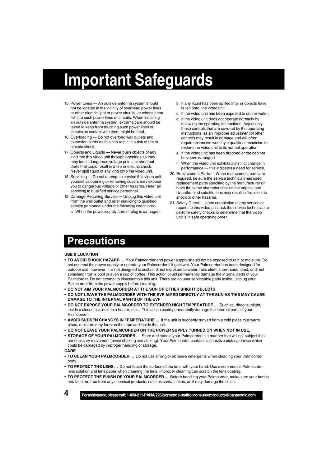 Panasonic PV-DV203 operating instructions Important Safeguards 