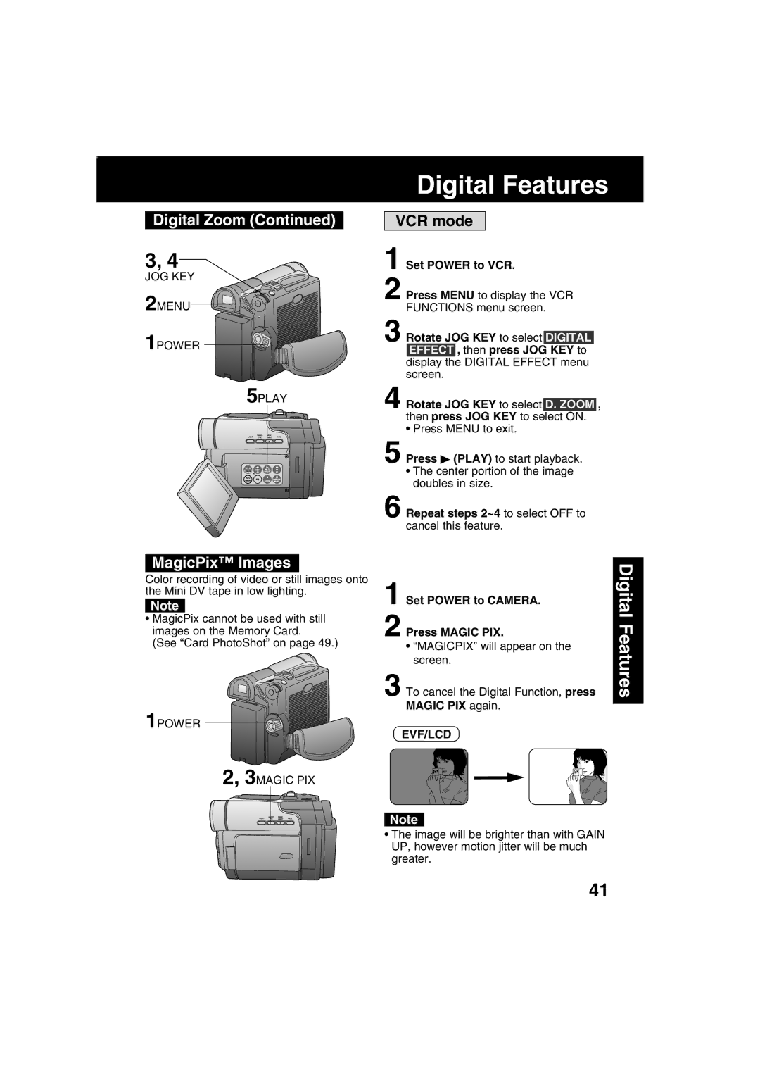 Panasonic PV-DV203 MagicPix Images, VCR mode, JOG KEY 2MENU 1POWER 5PLAY, 1POWER 3MAGIC PIX, Magic PIX again 