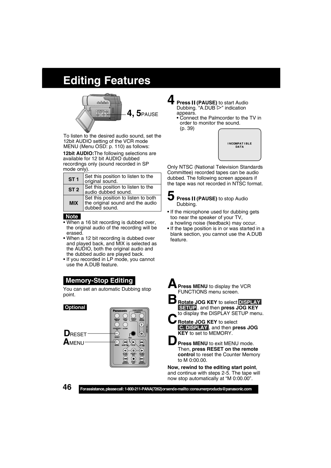 Panasonic PV-DV203 operating instructions Memory-Stop Editing, Mix, Press Pause to stop Audio Dubbing, Dreset Amenu 