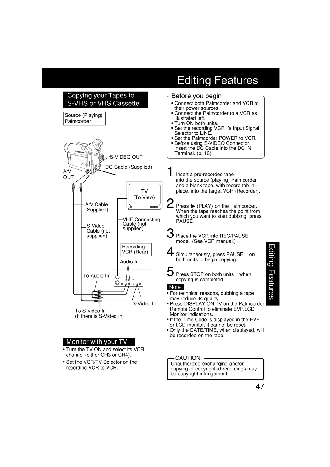 Panasonic PV-DV203 operating instructions Copying your Tapes to VHS or VHS Cassette, Monitor with your TV, Pause 