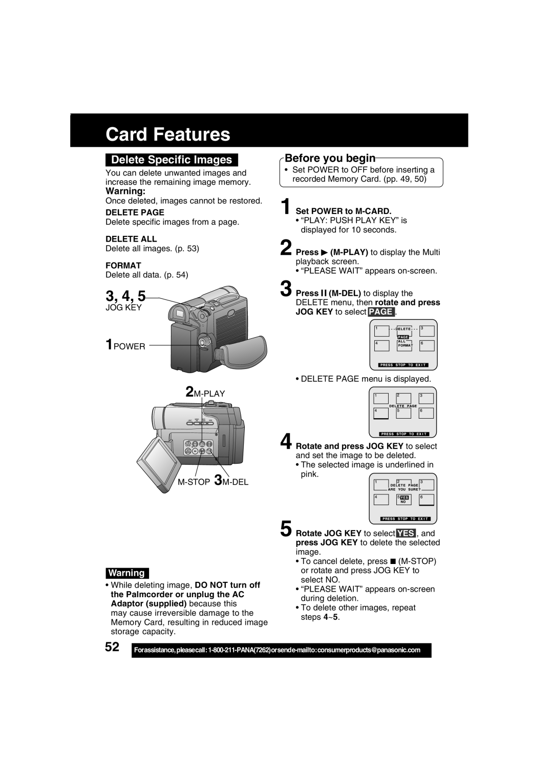 Panasonic PV-DV203 operating instructions Delete Specific Images, Delete ALL, Format, JOG KEY 1POWER 2M-PLAY Stop 3M-DEL 