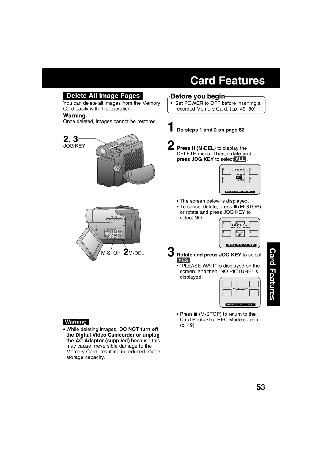 Panasonic PV-DV203 operating instructions Delete All Image Pages, JOG KEY Stop 2M-DEL 