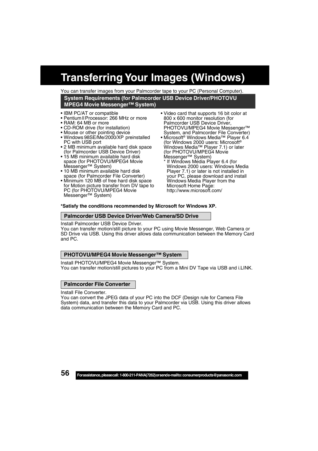 Panasonic PV-DV203 Transferring Your Images Windows, Palmcorder USB Device Driver/Web Camera/SD Drive 