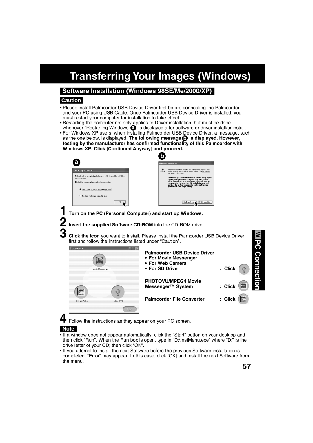 Panasonic PV-DV203 operating instructions Transferring Your Images Windows, Software Installation Windows 98SE/Me/2000/XP 