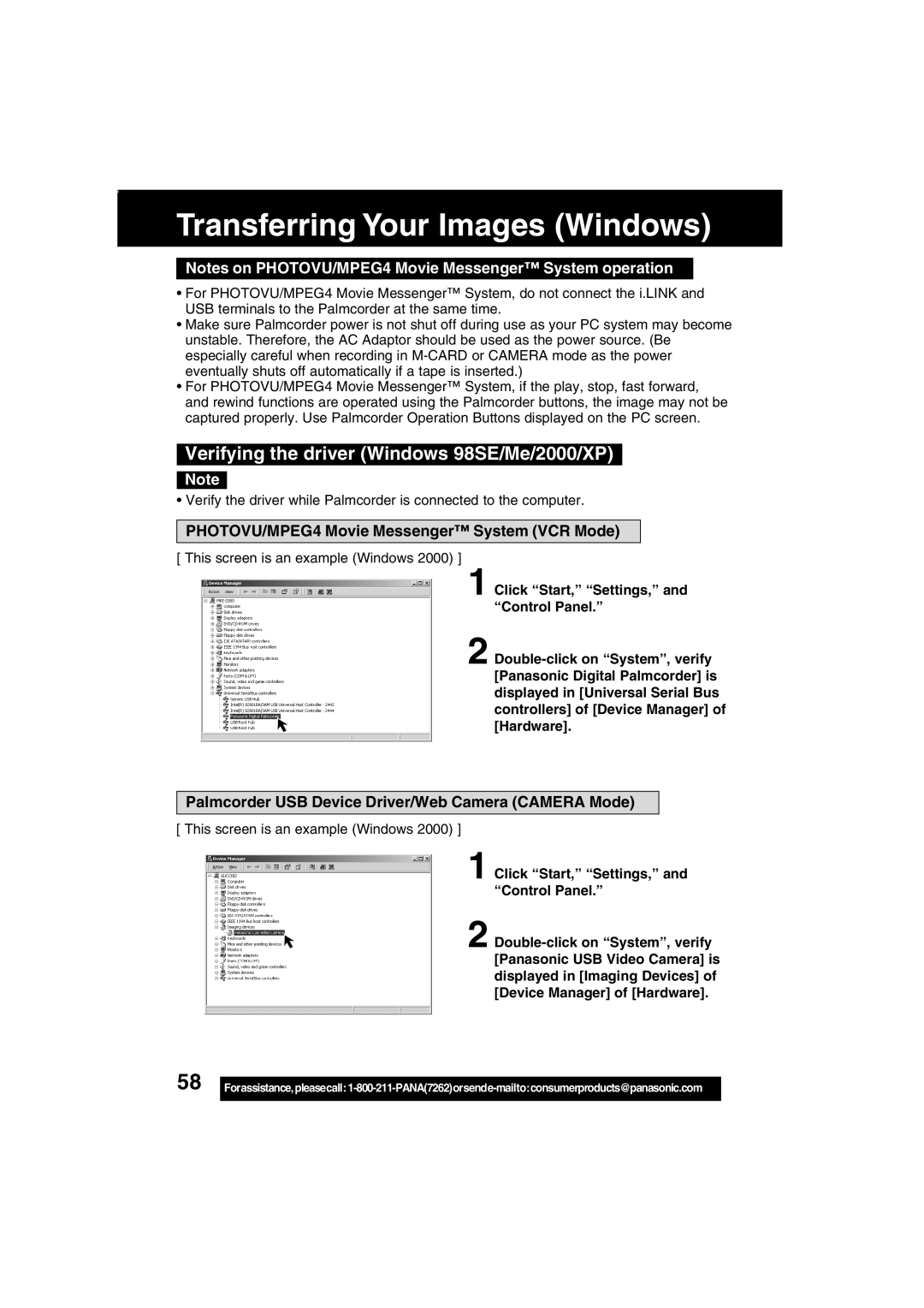 Panasonic PV-DV203 Verifying the driver Windows 98SE/Me/2000/XP, PHOTOVU/MPEG4 Movie Messenger System VCR Mode 