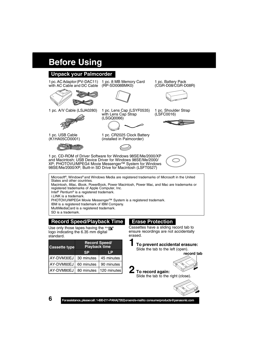 Panasonic PV-DV203 Before Using, Unpack your Palmcorder, Record Speed/Playback Time, Erase Protection 