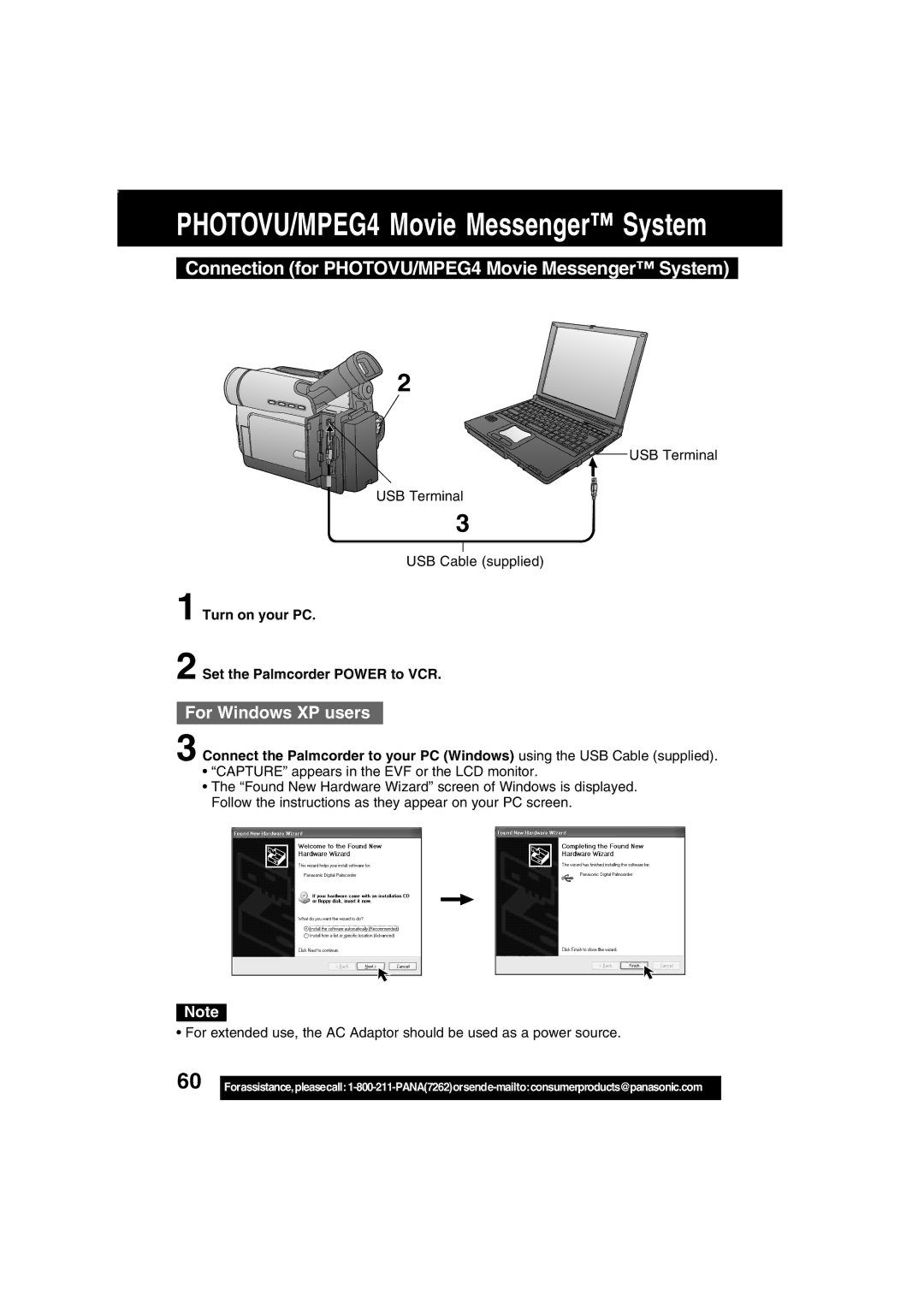 Panasonic PV-DV203 Connection for PHOTOVU/MPEG4 Movie Messenger System, Turn on your PC Set the Palmcorder Power to VCR 