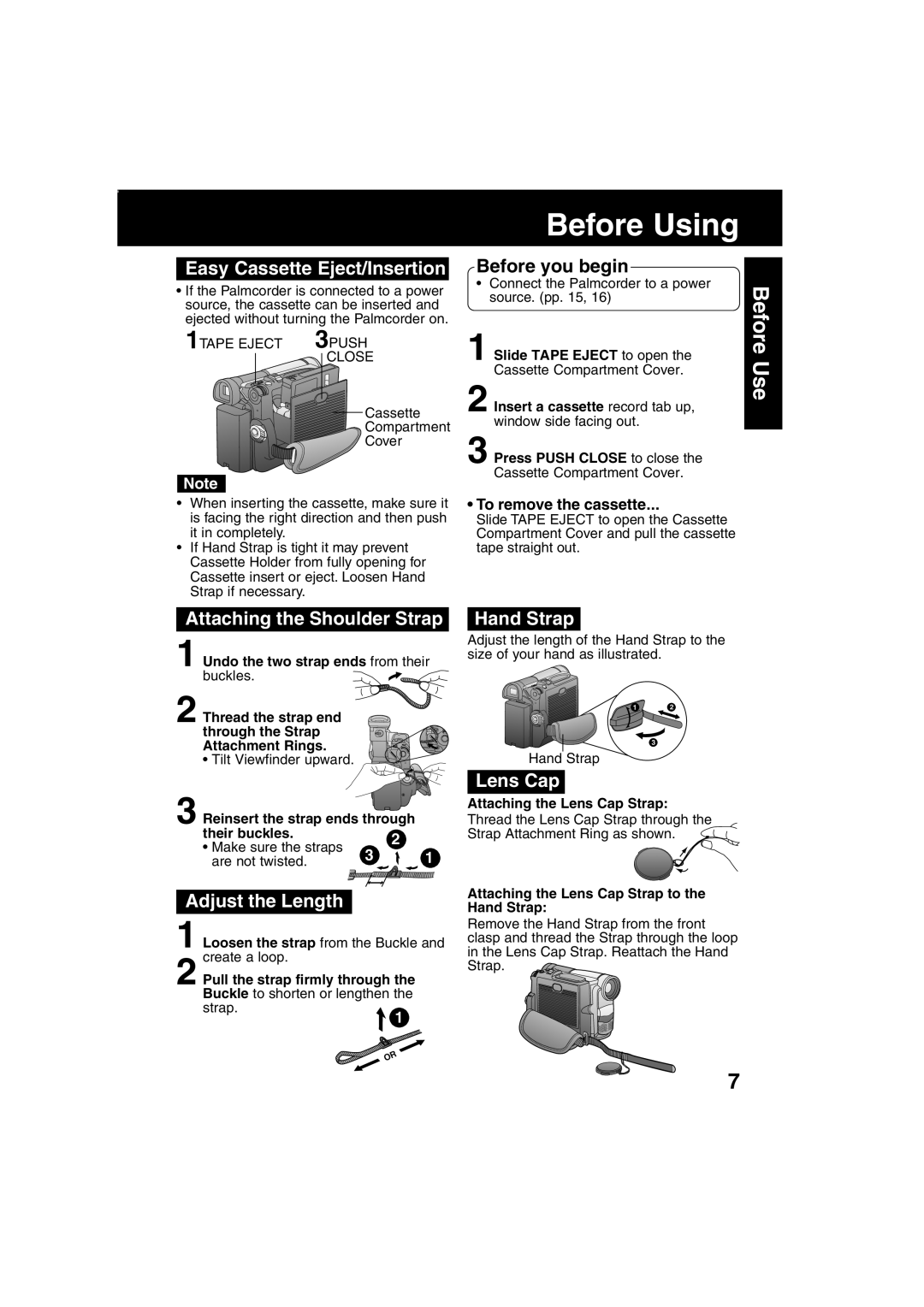 Panasonic PV-DV203 Easy Cassette Eject/Insertion, Attaching the Shoulder Strap, Adjust the Length, Hand Strap, Lens Cap 