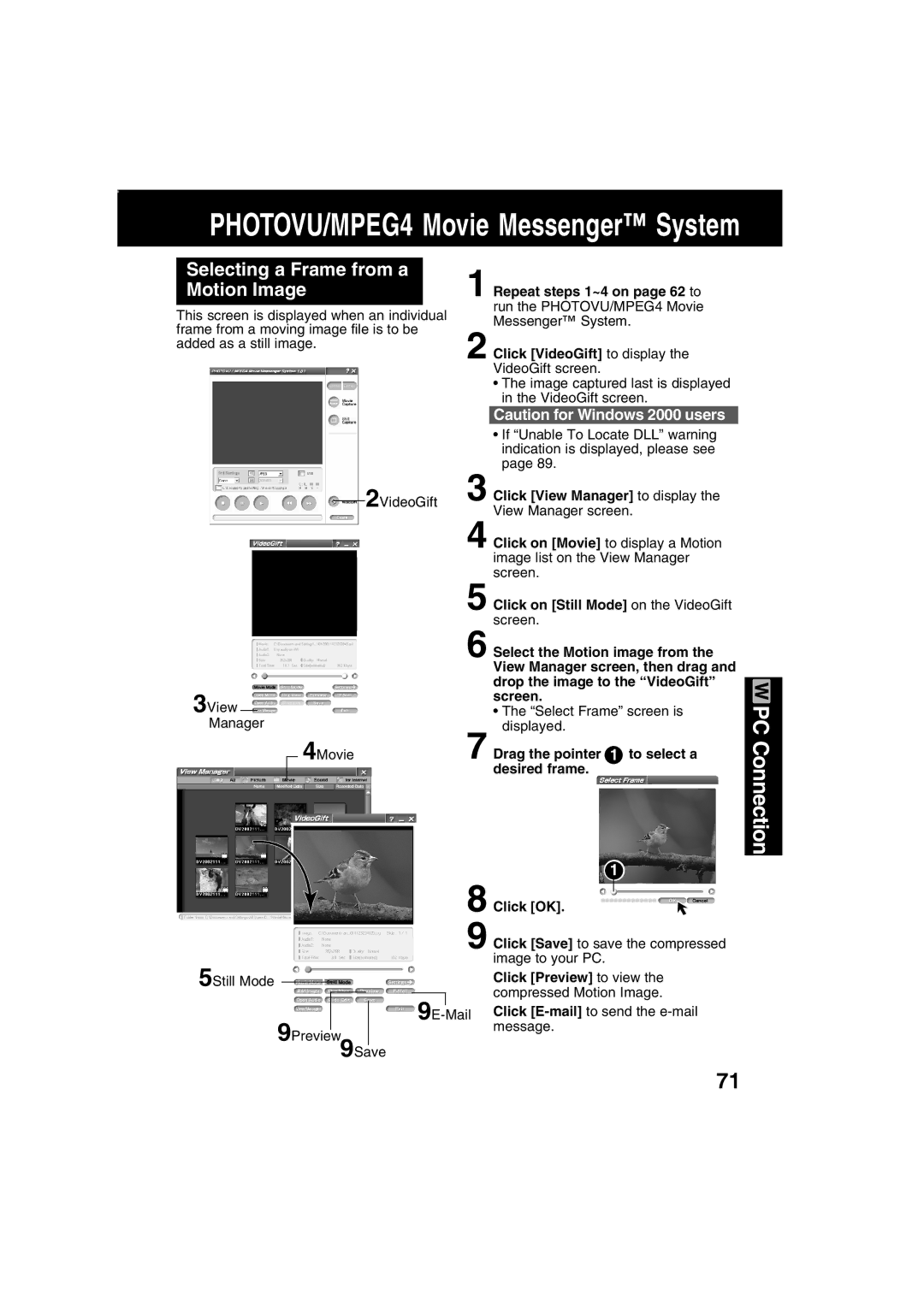 Panasonic PV-DV203 Selecting a Frame from a Motion Image, Drag the pointer 1 to select a desired frame 