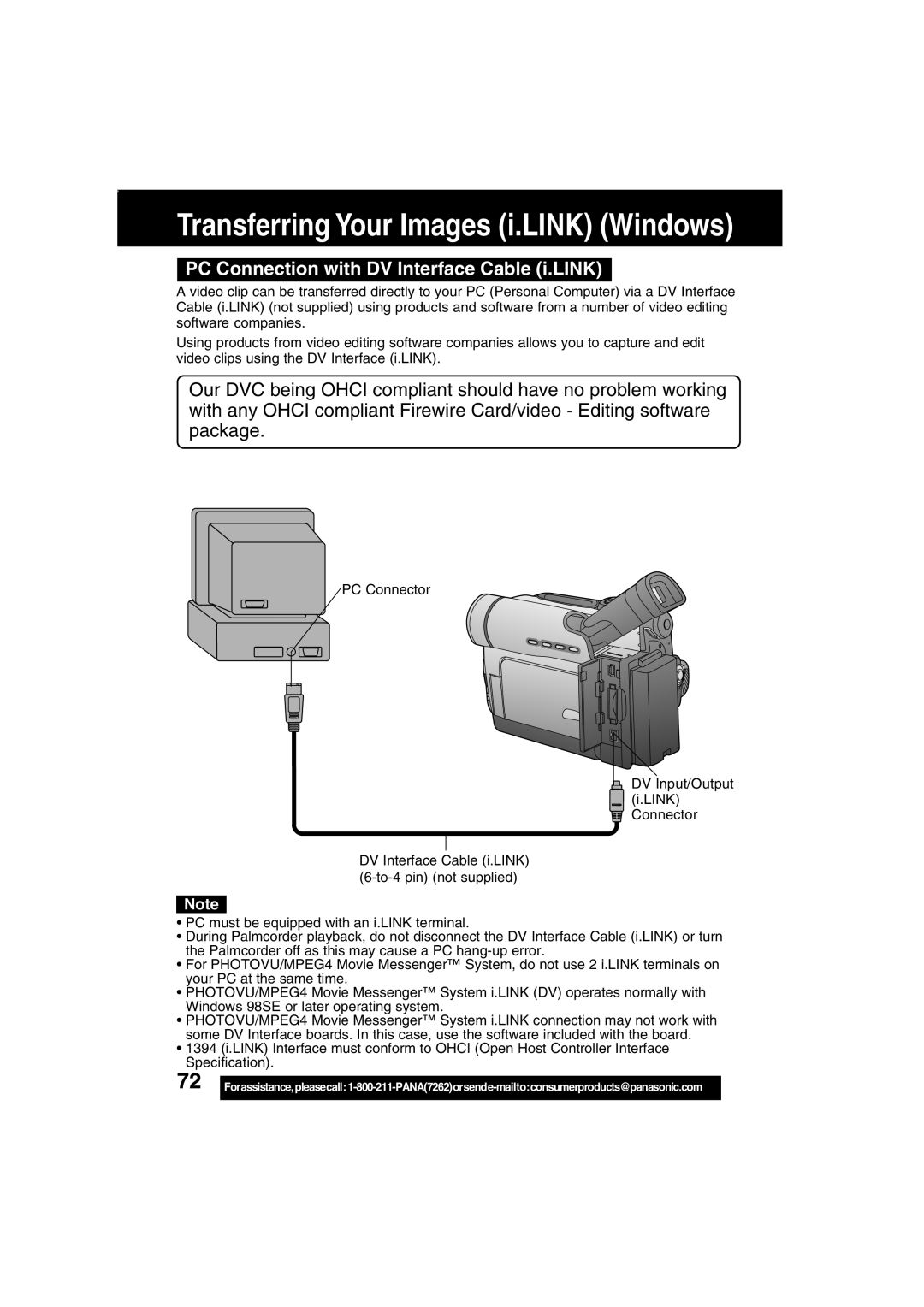 Panasonic PV-DV203 Transferring Your Images i.LINK Windows, PC Connection with DV Interface Cable i.LINK 