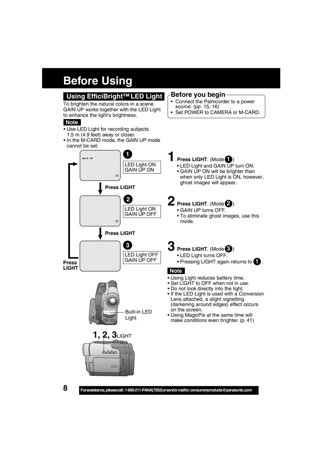 Panasonic PV-DV203 operating instructions Using EfficiBright LED Light, Press Light Press LIGHT. Mode 