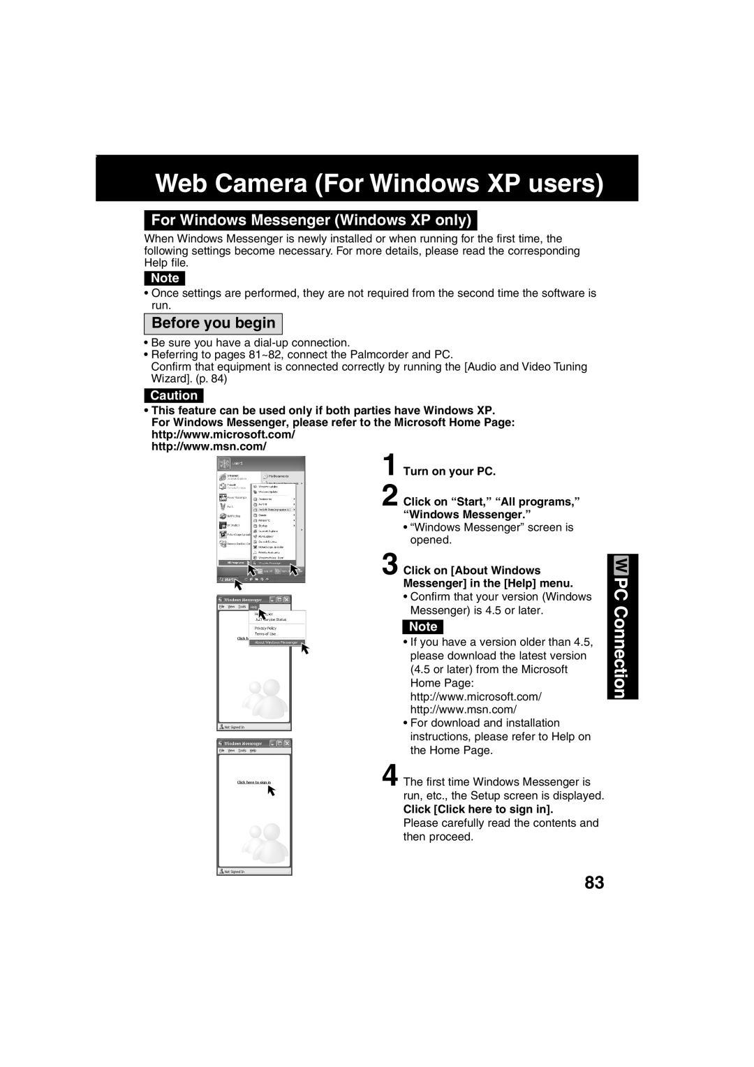 Panasonic PV-DV203 Web Camera For Windows XP users, For Windows Messenger Windows XP only, Click Click here to sign 