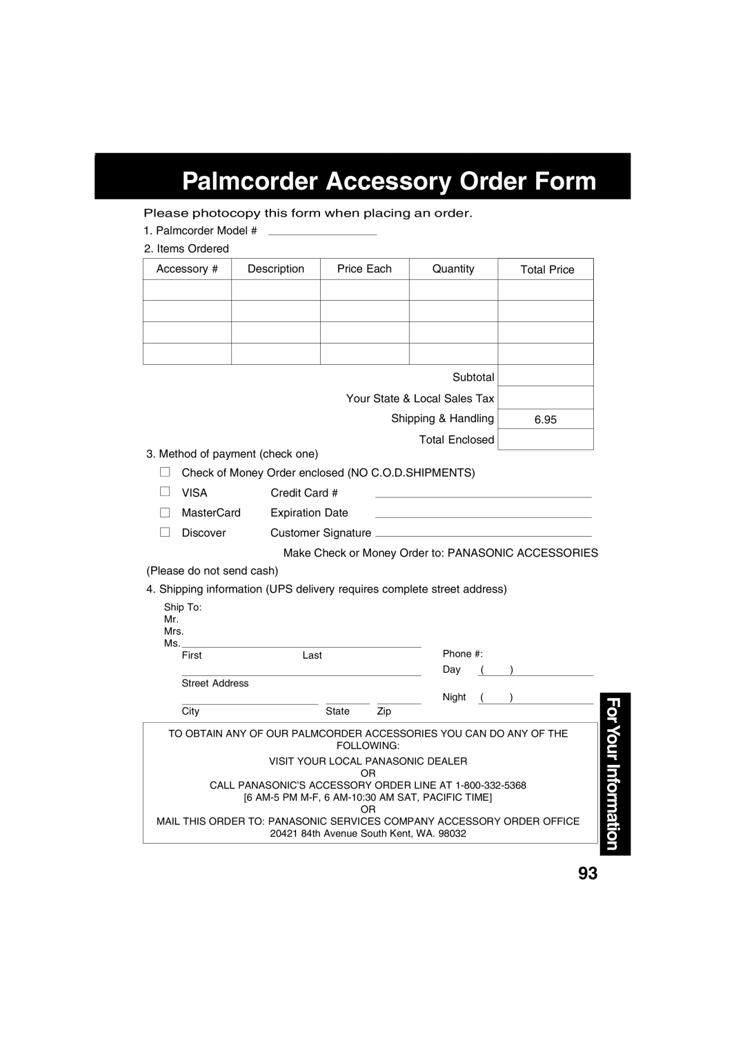 Panasonic PV-DV203 operating instructions Palmcorder Accessory Order Form, Visa 