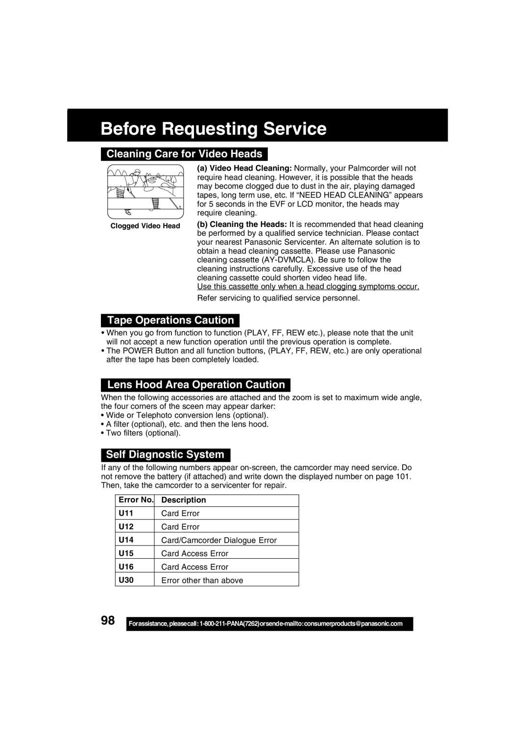 Panasonic PV-DV203 operating instructions Before Requesting Service, Cleaning Care for Video Heads, Tape Operations Caution 