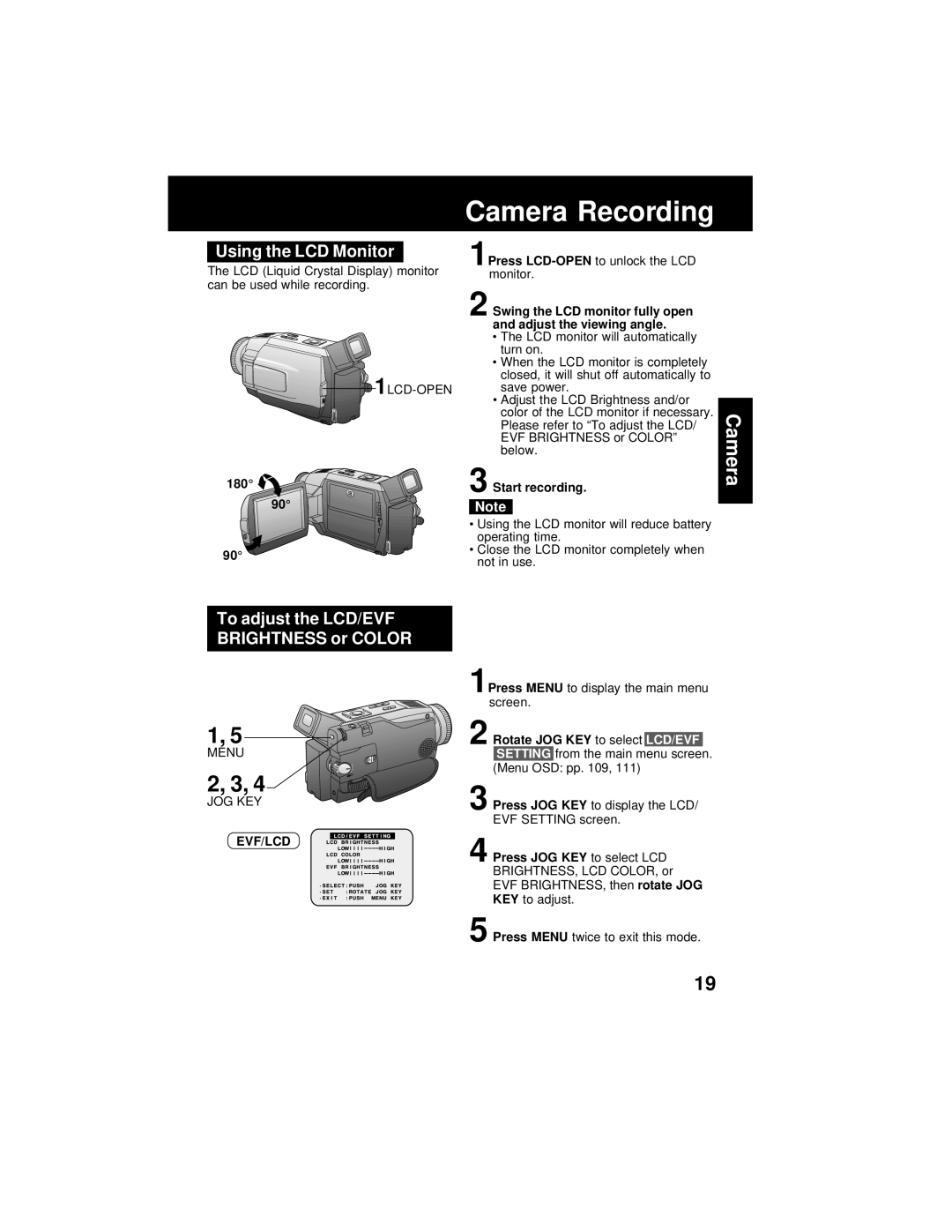 Panasonic PV-DV402 Using the LCD Monitor, To adjust the LCD/EVF Brightness or Color, Start recording, Evf/Lcd 