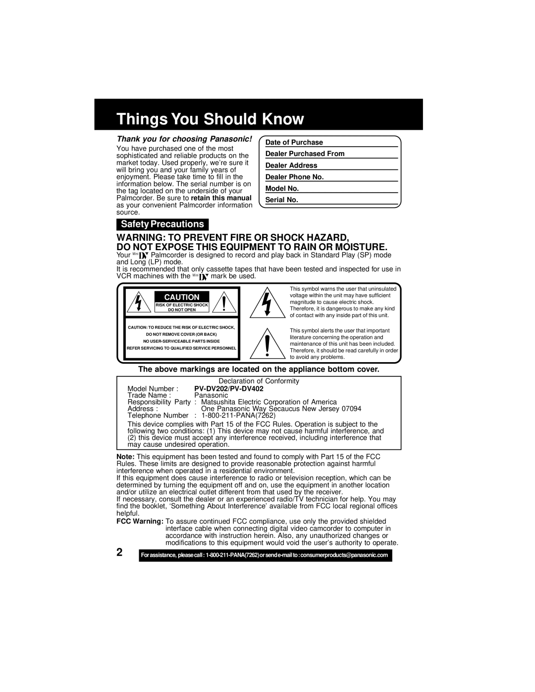 Panasonic PV-DV402 Things You Should Know, Safety Precautions, Above markings are located on the appliance bottom cover 