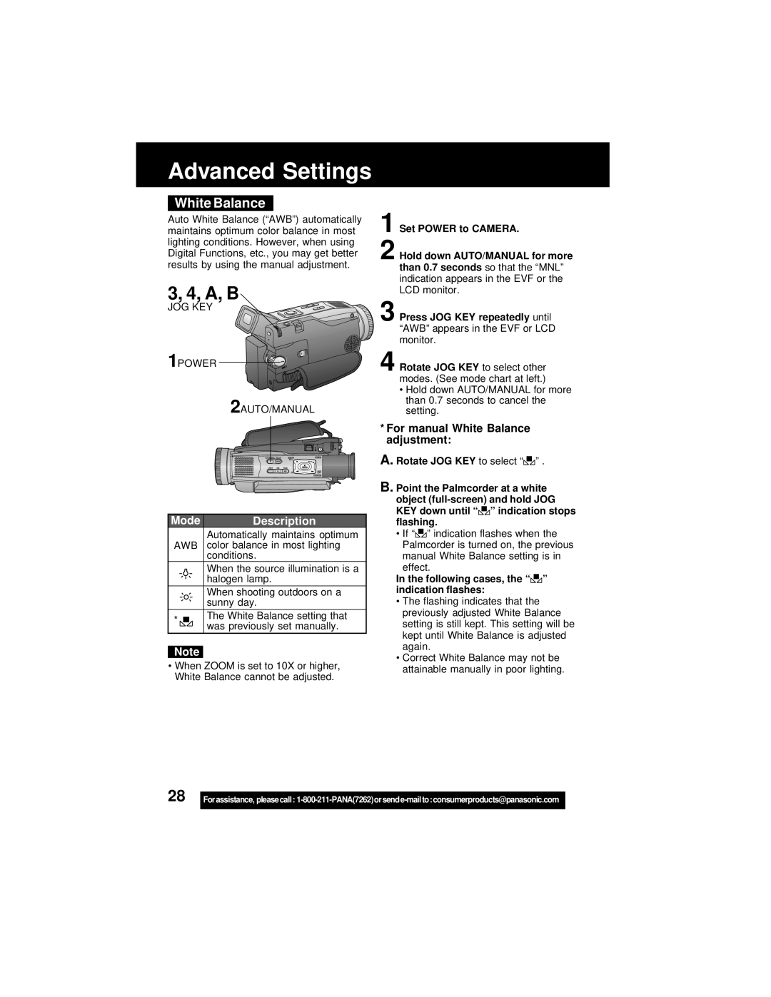 Panasonic PV-DV402 Advanced Settings, For manual White Balance adjustment, Following cases, the indication flashes 