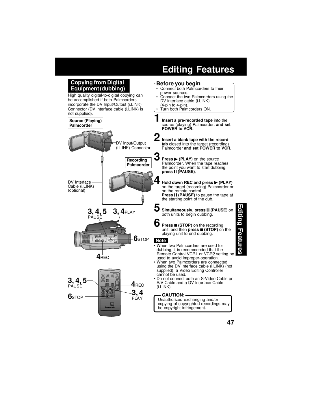 Panasonic PV-DV402 operating instructions Copying from Digital Equipment dubbing, Pause 