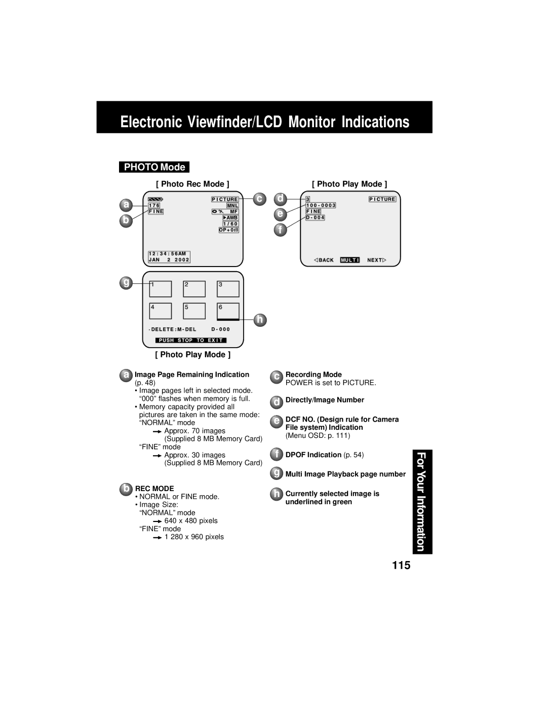 Panasonic PV-DV402 Photo Mode, Photo Rec Mode Photo Play Mode, Image Page Remaining Indication, REC Mode, Recording Mode 