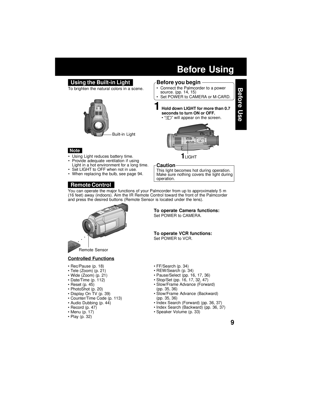 Panasonic PV-DV402 Using the Built-in Light, Remote Control, To operate Camera functions, To operate VCR functions 