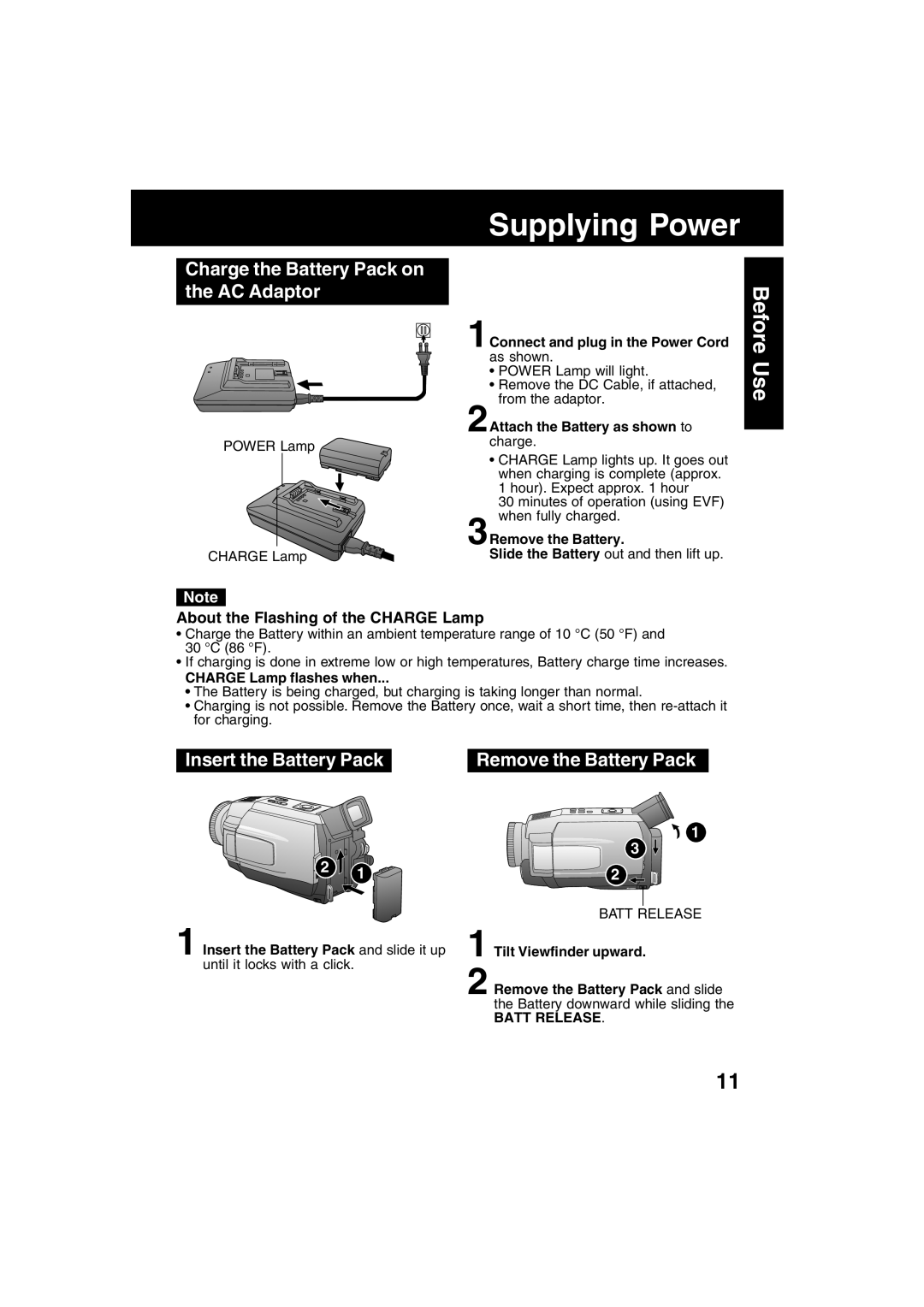 Panasonic PV-DV52 Charge the Battery Pack on the AC Adaptor, Insert the Battery Pack Remove the Battery Pack, Batt Release 