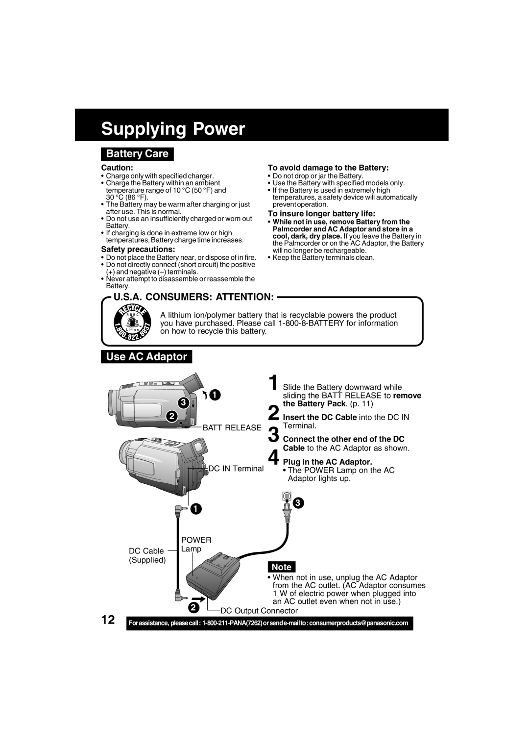 Panasonic PV-DV52 operating instructions Supplying Power, Battery Care, Use AC Adaptor 