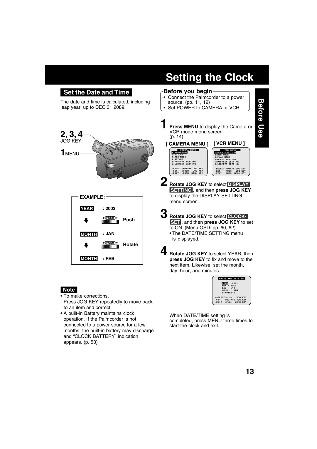 Panasonic PV-DV52 Setting the Clock, Set the Date and Time, Example, Push Rotate, Camera Menu VCR Menu 