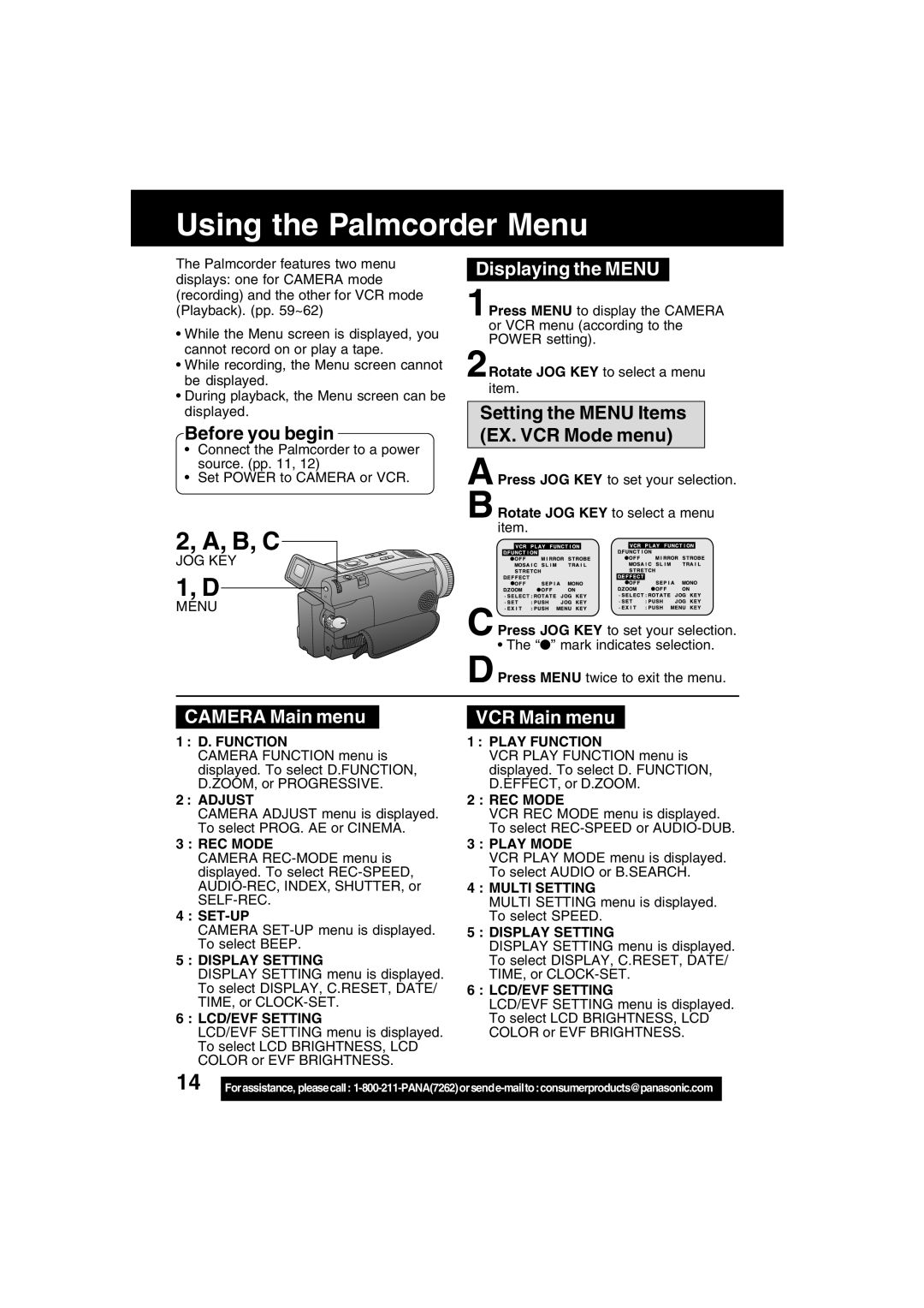 Panasonic PV-DV52 operating instructions Using the Palmcorder Menu, Displaying the Menu, Camera Main menu, VCR Main menu 