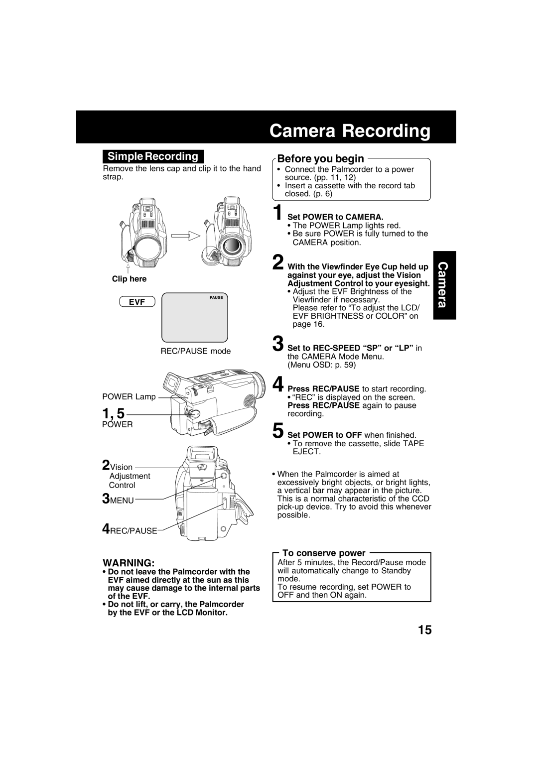 Panasonic PV-DV52 operating instructions Camera Recording, Simple Recording, Clip here, Evf, 3MENU 4REC/PAUSE 