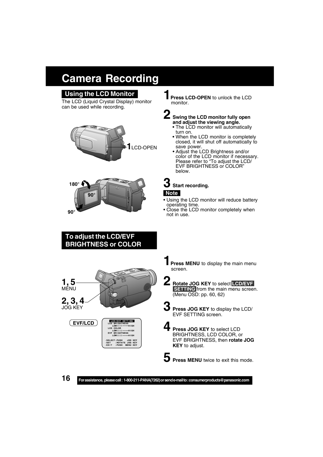 Panasonic PV-DV52 Using the LCD Monitor, To adjust the LCD/EVF Brightness or Color, Start recording, Evf/Lcd 