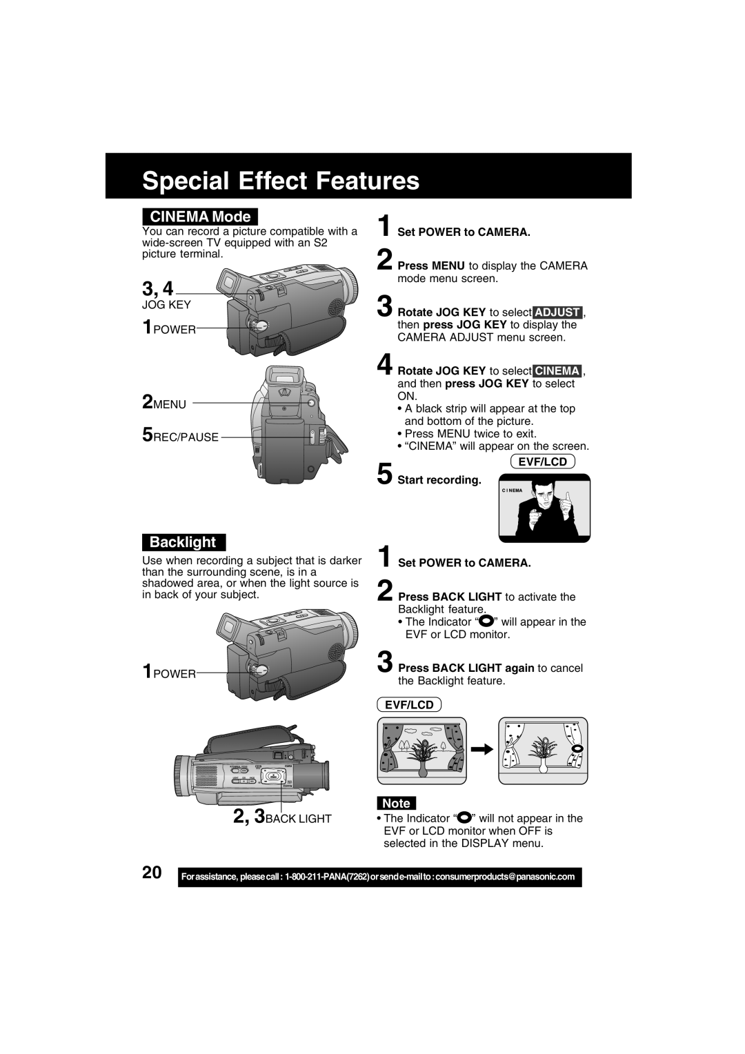 Panasonic PV-DV52 Special Effect Features, Cinema Mode, Backlight, JOG KEY 1POWER 2MENU 5REC/PAUSE, 1POWER 3BACK Light 