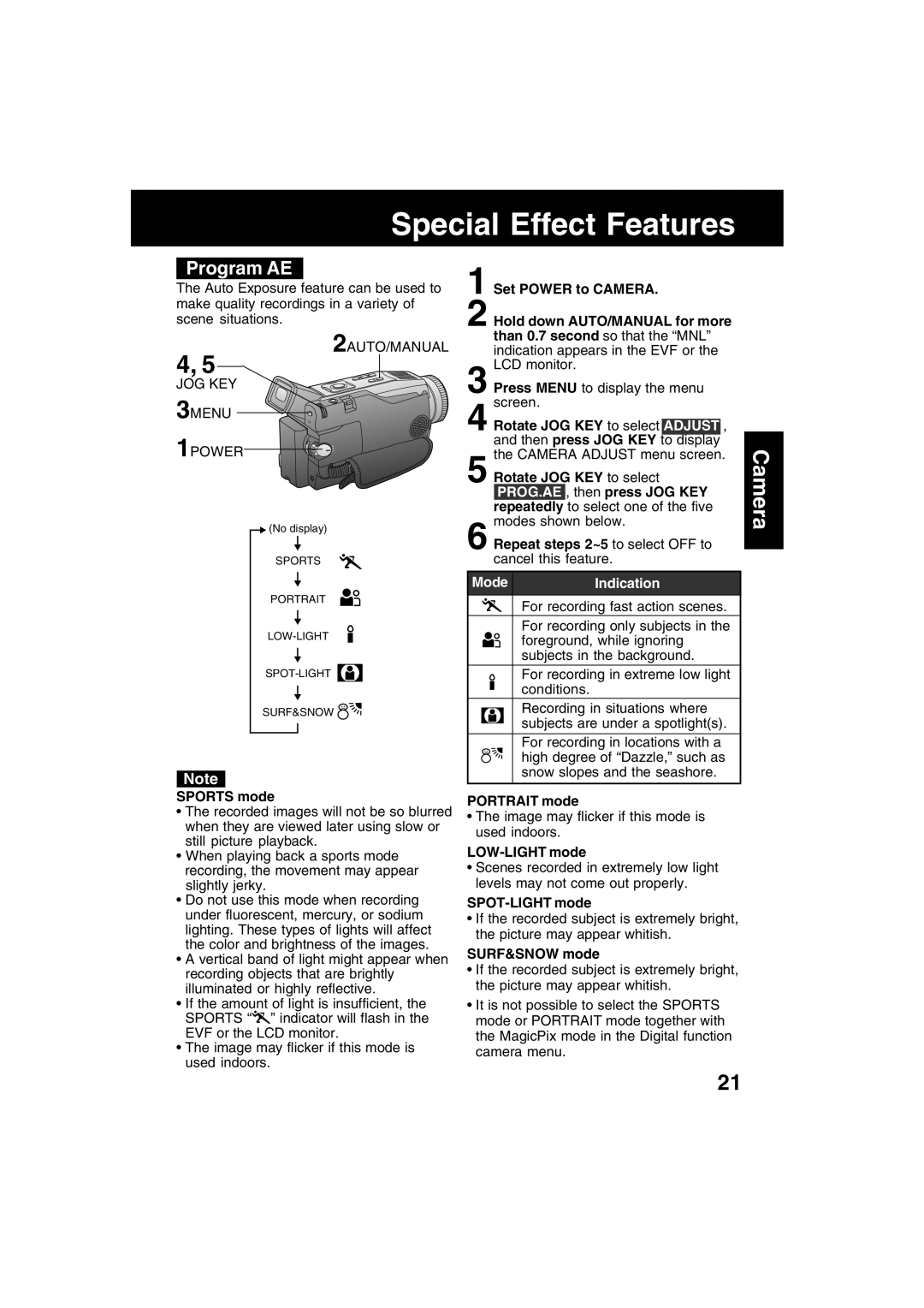 Panasonic PV-DV52 operating instructions Program AE 