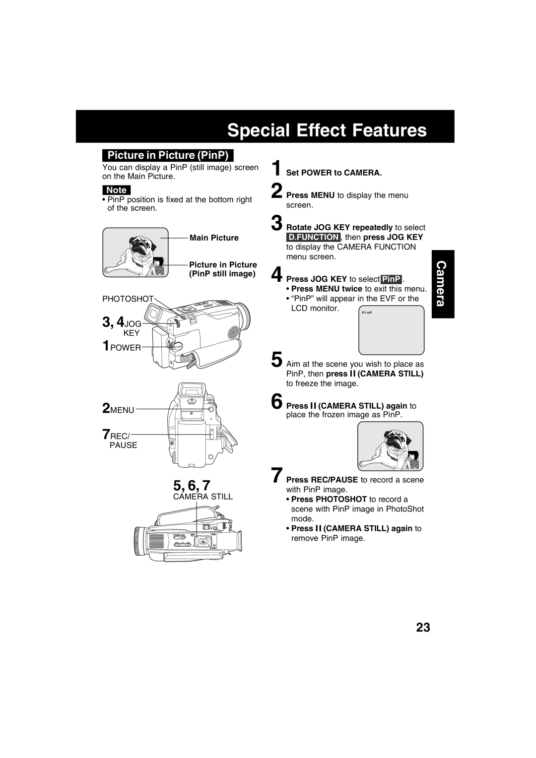 Panasonic PV-DV52 Picture in Picture PinP, Main Picture, Photoshot, KEY 1POWER 2MENU 7REC Pause Camera Still 