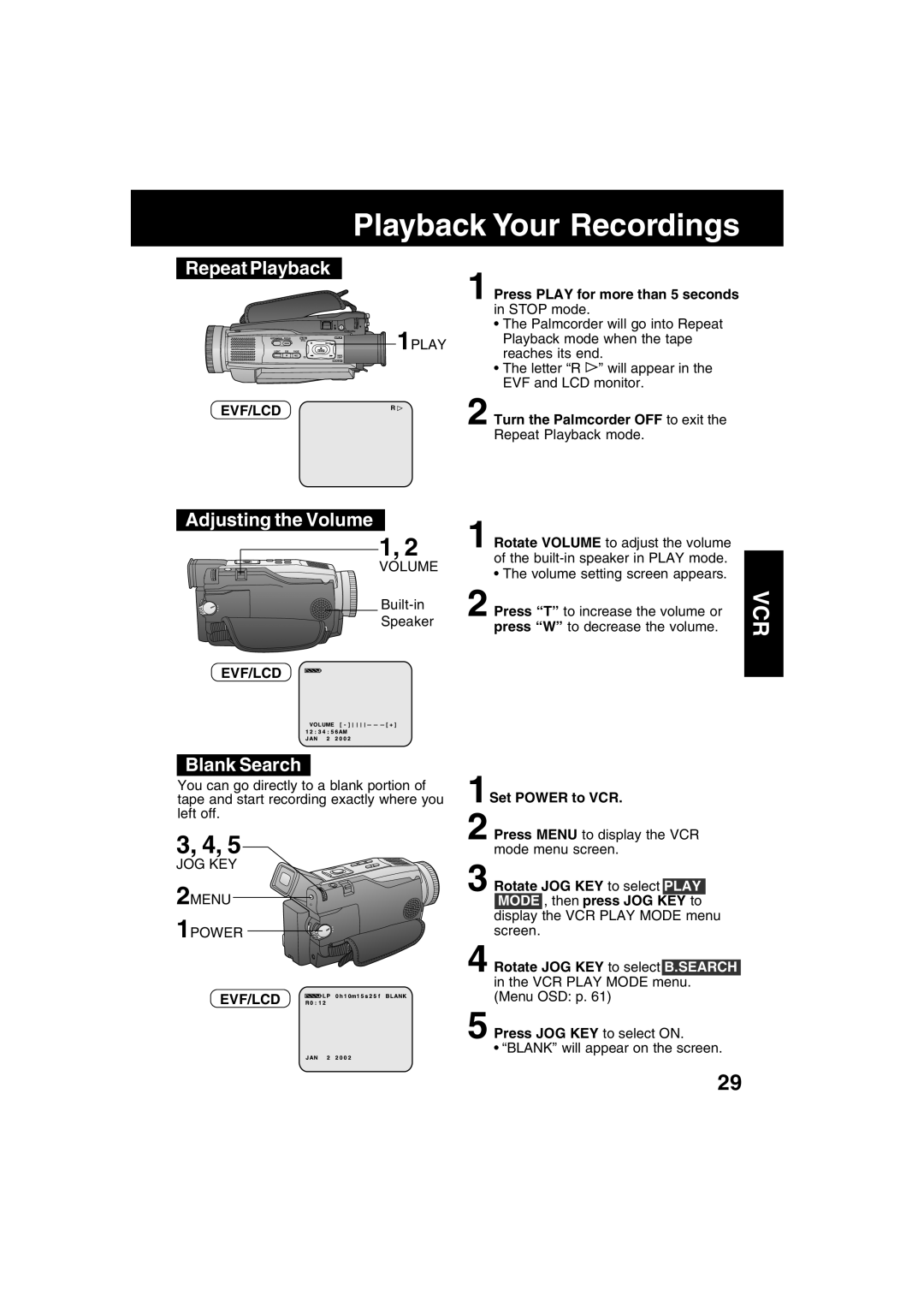 Panasonic PV-DV52 operating instructions Repeat Playback, Adjusting the Volume, Blank Search, Evf/Lcdr 