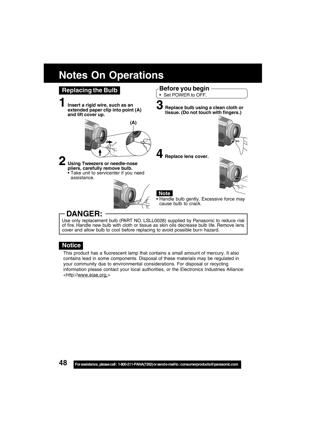 Panasonic PV-DV52 operating instructions Replacing the Bulb, Handle bulb gently. Excessive force may cause bulb to crack 