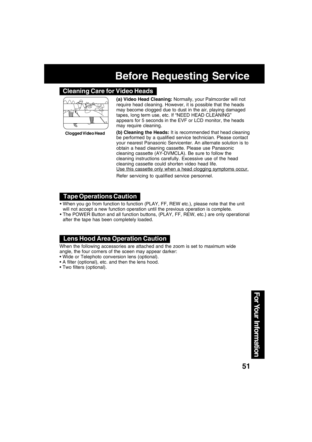 Panasonic PV-DV52 operating instructions Before Requesting Service, Cleaning Care for Video Heads, Tape Operations Caution 