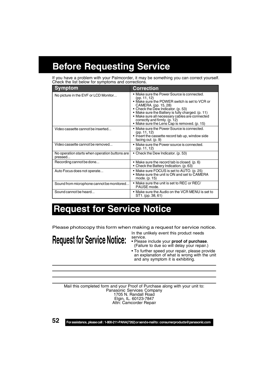 Panasonic PV-DV52 operating instructions Request for Service Notice, Symptom Correction 