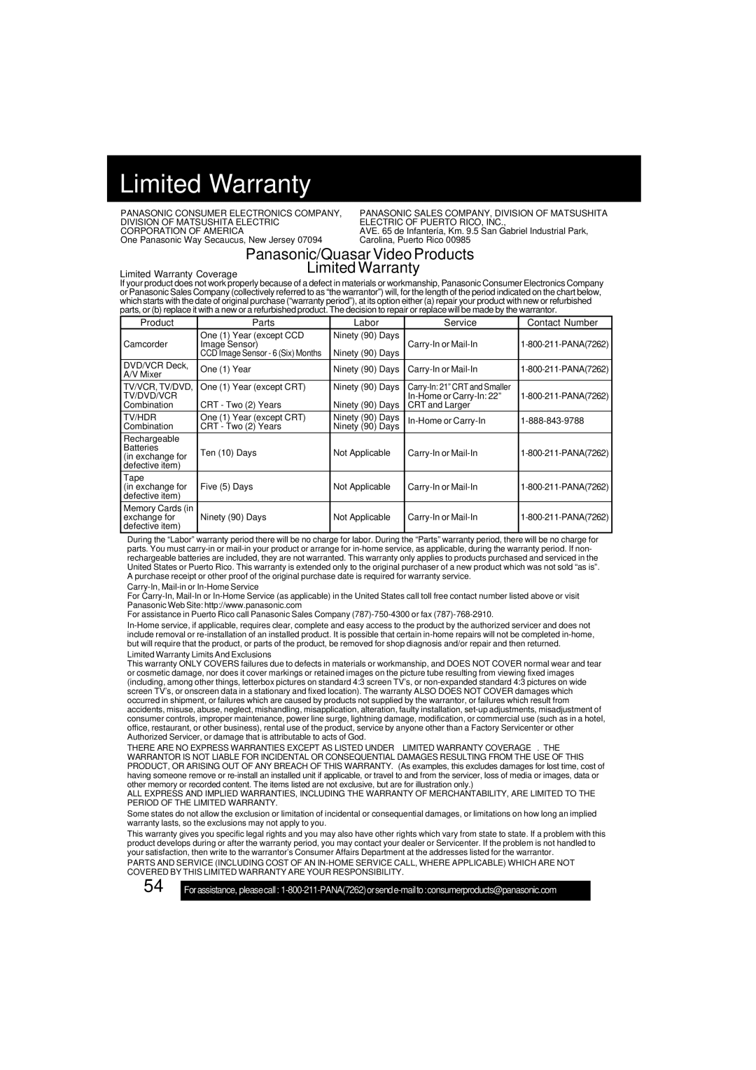 Panasonic PV-DV52 operating instructions Limited Warranty 