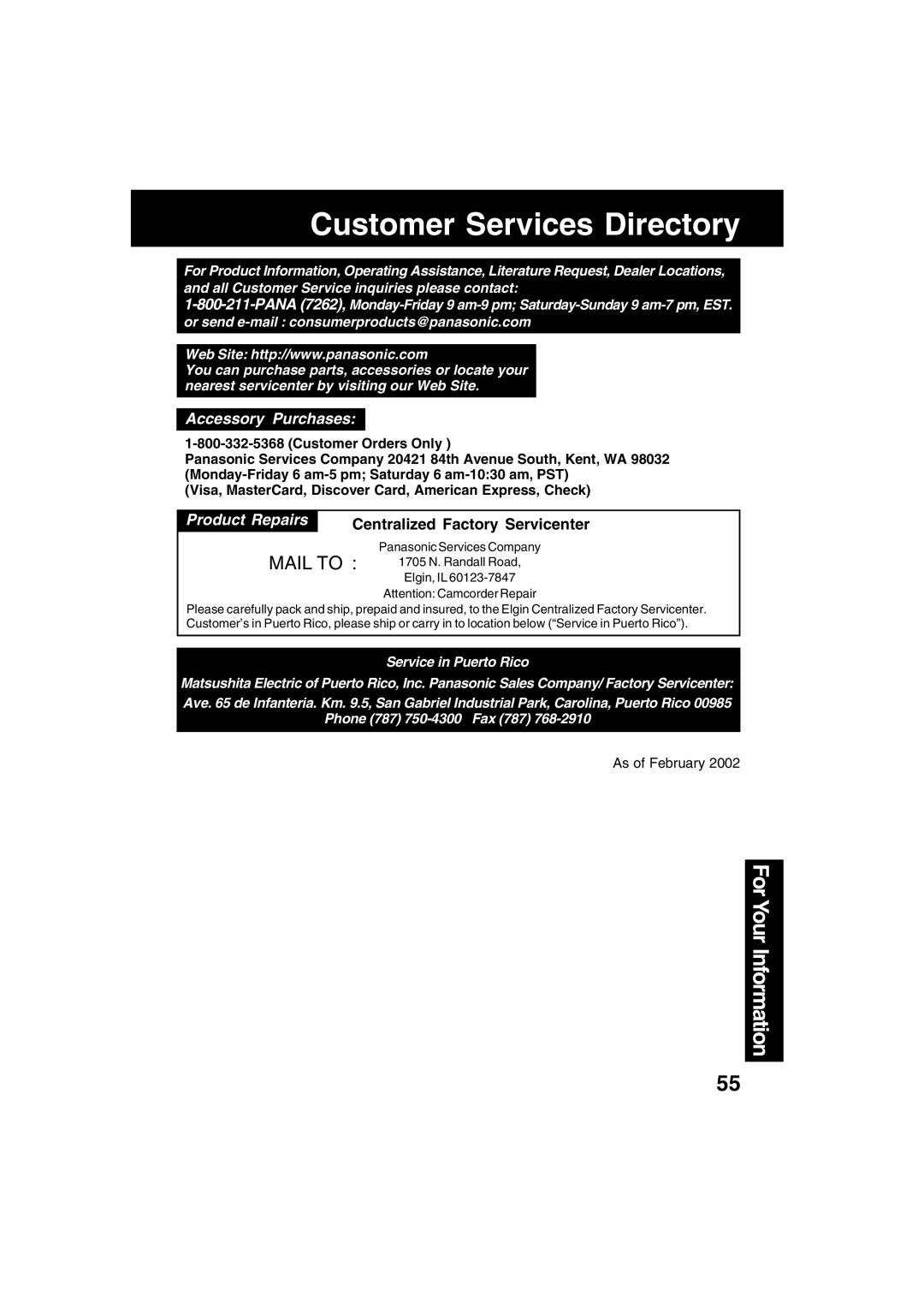 Panasonic PV-DV52 operating instructions Customer Services Directory, Accessory Purchases 