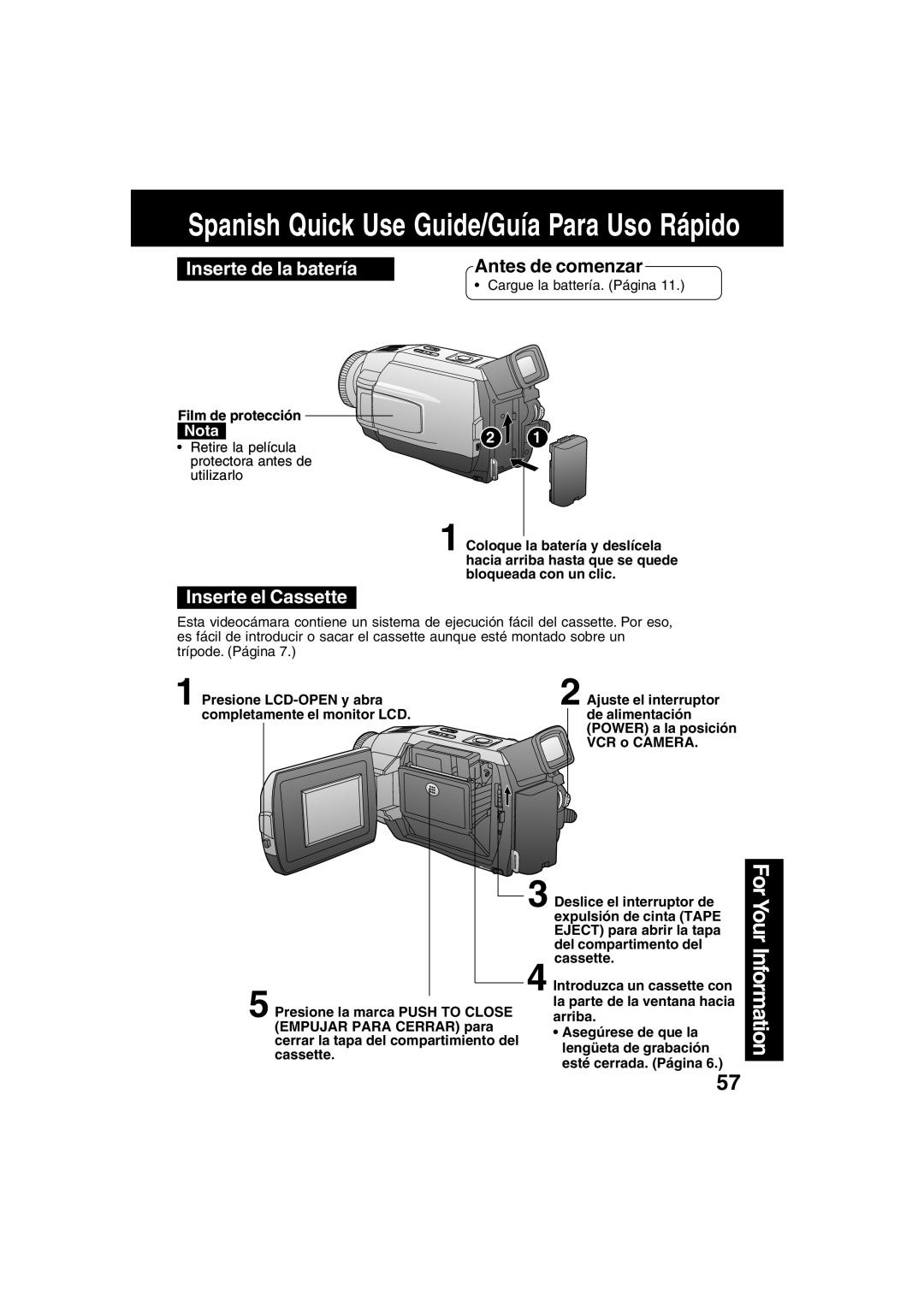 Panasonic PV-DV52 operating instructions Inserte de la batería, Inserte el Cassette, Film de protección 