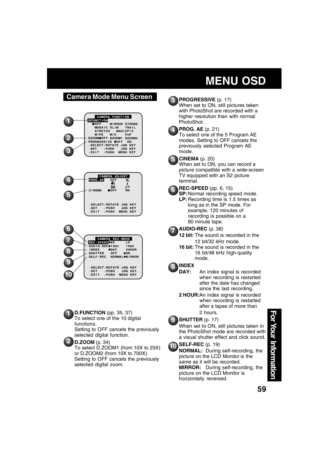 Panasonic PV-DV52 operating instructions Camera Mode Menu Screen, Index 