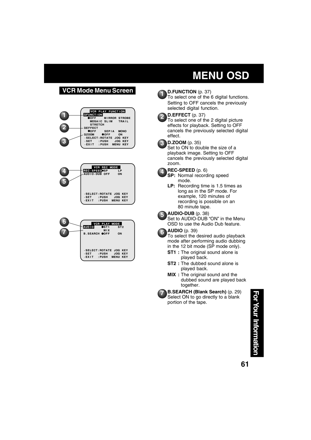 Panasonic PV-DV52 operating instructions VCR Mode Menu Screen 